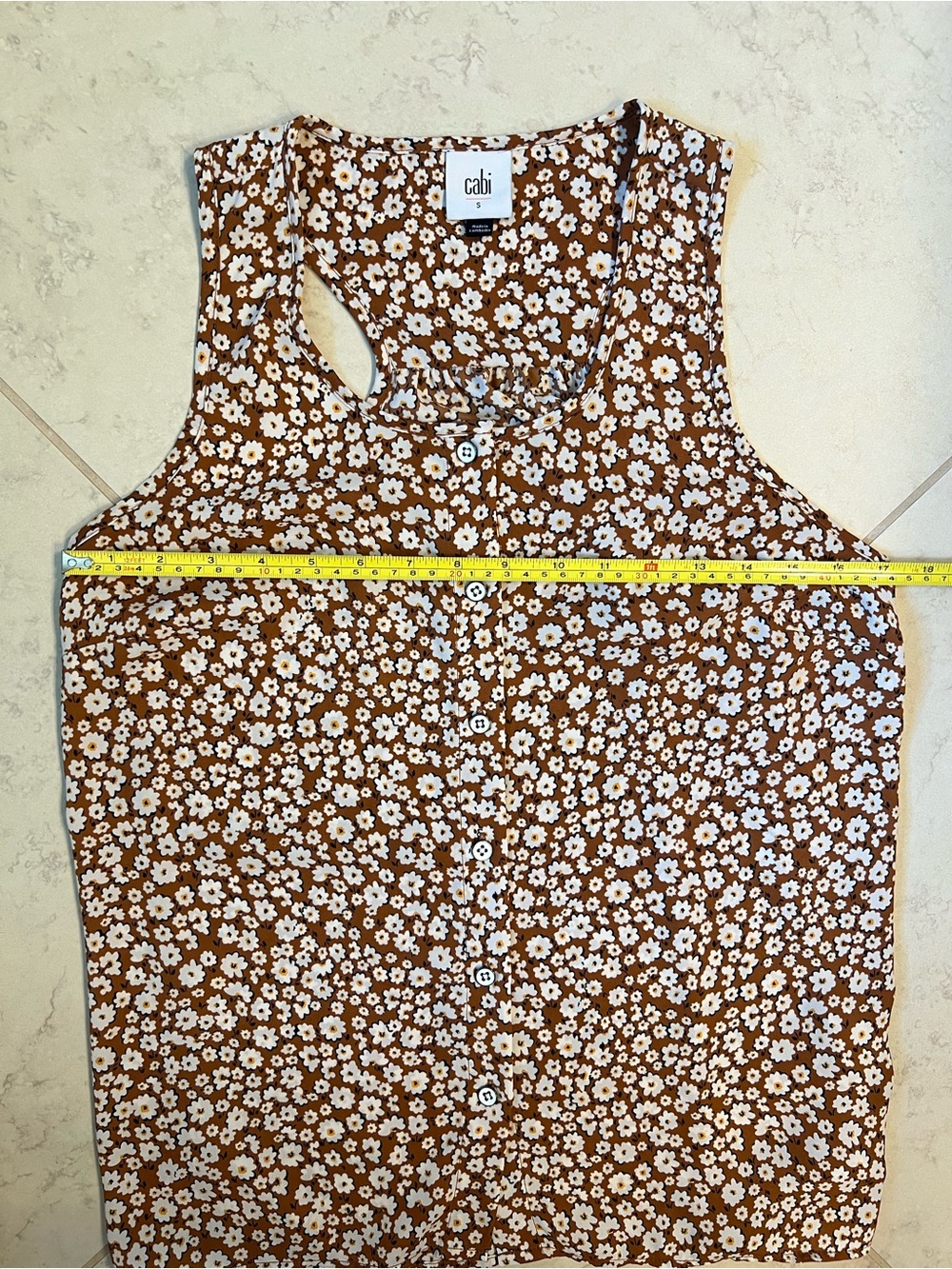 CAbi Brown Floral Lark Racer Back Tank Top, Button Up, Style #4358 - Picture 6 of 11